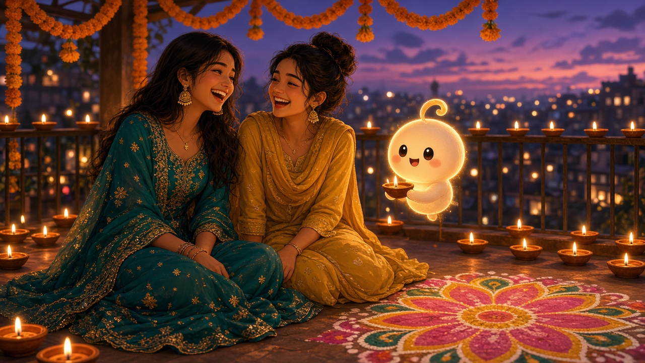 Two friends in festive Indian outfits sit on a diya-lit balcony with a small glowing AI helper during Diwali.